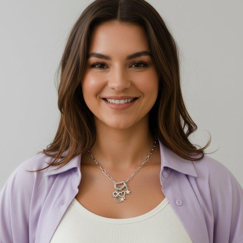 Celestial Crescent Moon and Heart Shackle Clasp Carabiner Necklace, Silver - Adjusts up to 20 inches - - LadybugfeetDesigns -
