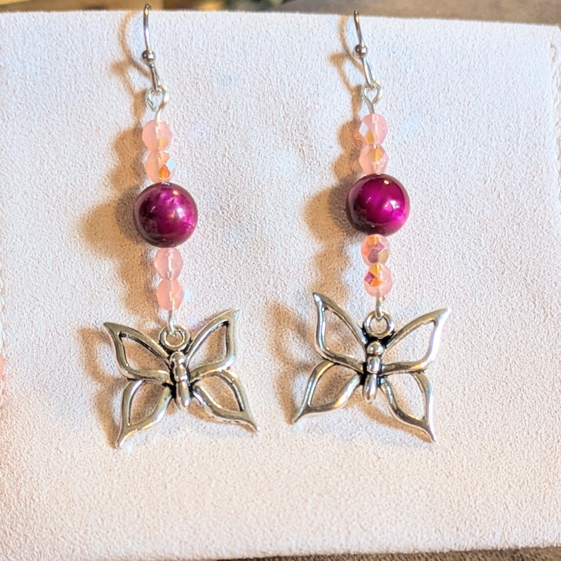 Pink Tiger's Eye Beaded Butterfly Earrings - - LadybugfeetDesigns -