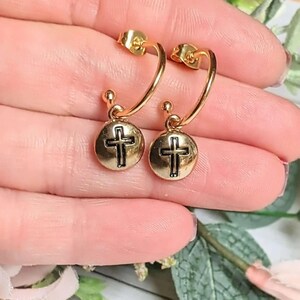 Cross Gold Hoop earrings, Gold - 16mm - - LadybugfeetDesigns -