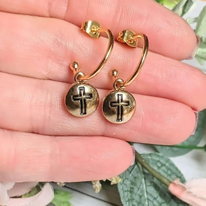 Cross Gold Hoop earrings, Gold - 16mm - - LadybugfeetDesigns -