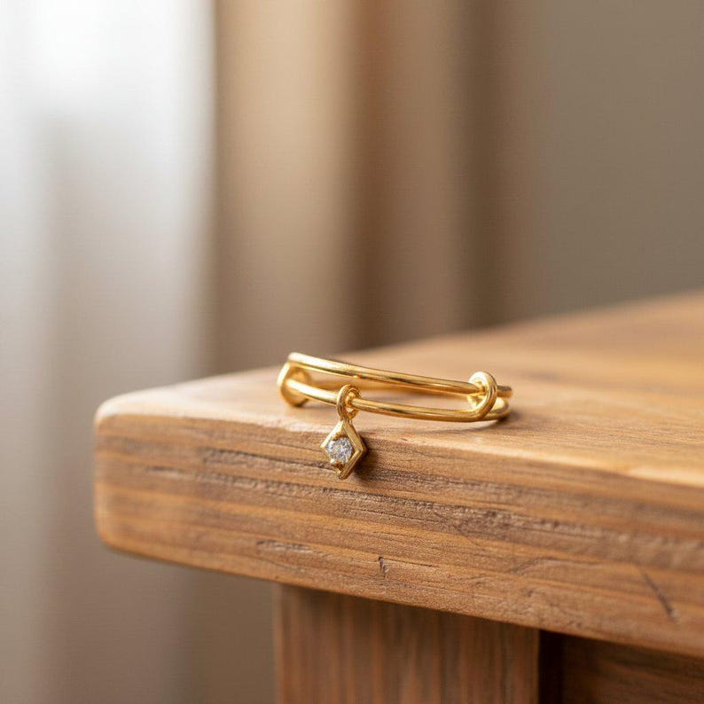 Tiny CZ Diamond Adjustable Charm Ring, Gold - - LadybugfeetDesigns -