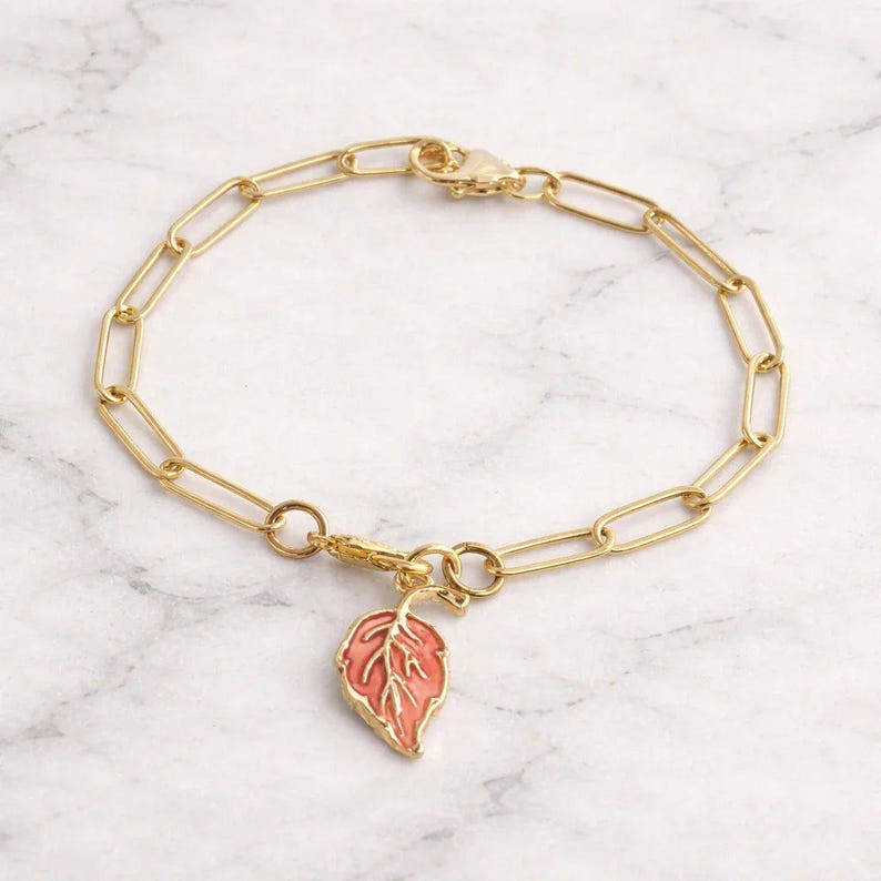 Autumn Leaf Gold Paperclip Chain Bracelet - - LadybugfeetDesigns -