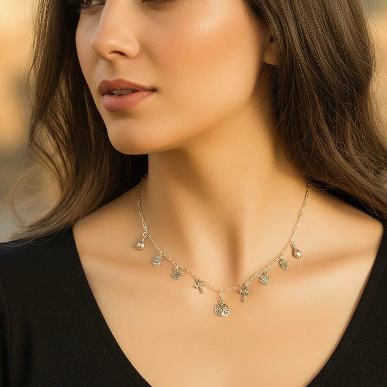 Nature Lover Multi Charm Link Necklace, .925 Sterling Silver - 20 inch - - LadybugfeetDesigns -