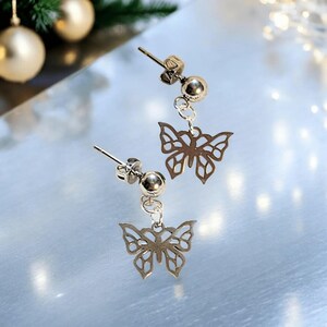 Butterfly Charm Drop Stud Earrings-Silver - - LadybugfeetDesigns -