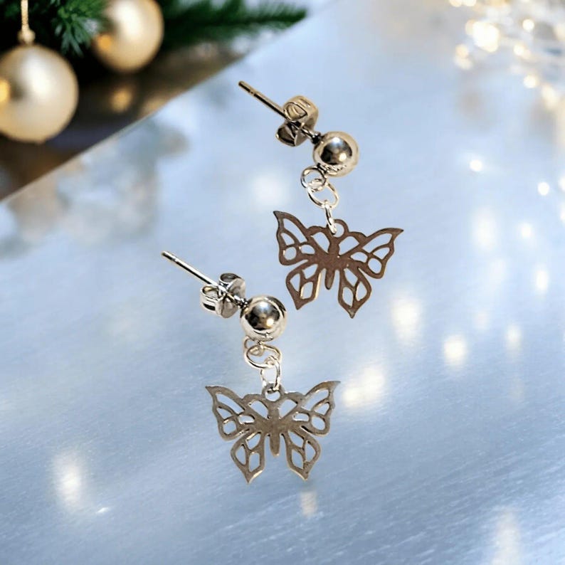 Butterfly Charm Drop Stud Earrings-Silver - - LadybugfeetDesigns -