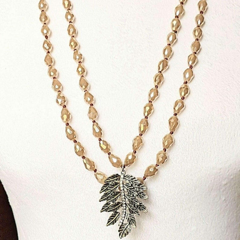 Two-Tone Leaf Champagne Crystal Necklace - 60 inch - - LadybugfeetDesigns -