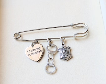 I Love My Policeman Safety Pin Brooch, Purse Charm
