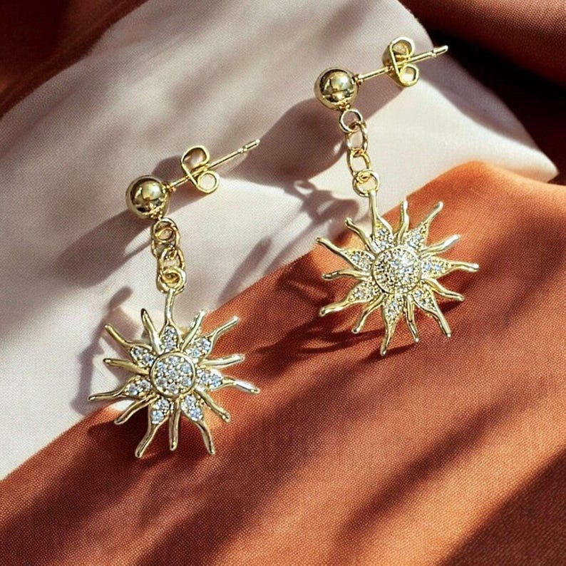 Fiery Sun Charm Drop Stud Earrings-Gold - - LadybugfeetDesigns -