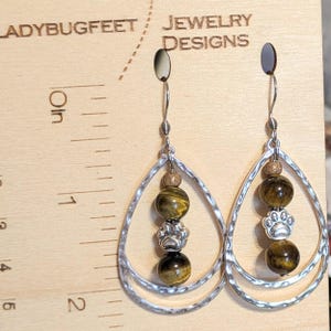 Dog/Cat Paw Tiger's eye Hammered Teardrop Hook Earrings, Silver - - LadybugfeetDesigns -