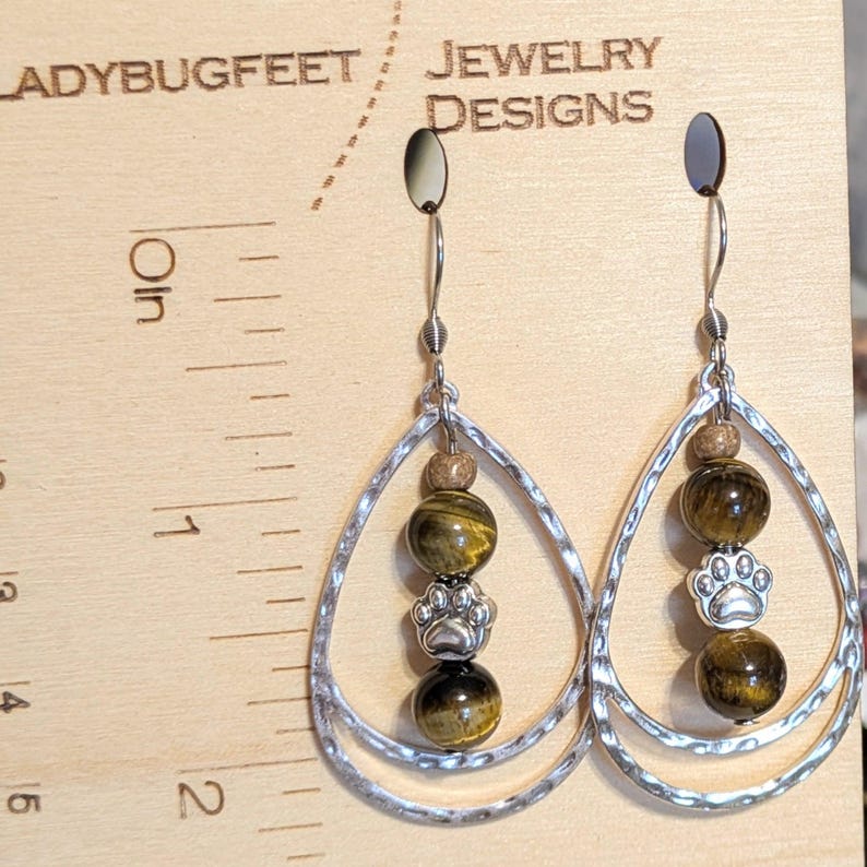 Dog/Cat Paw Tiger's eye Hammered Teardrop Hook Earrings, Silver - - LadybugfeetDesigns -