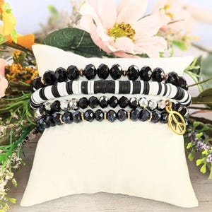 Black Crystal Peace Sign Stretch Bracelet Stack - - LadybugfeetDesigns -