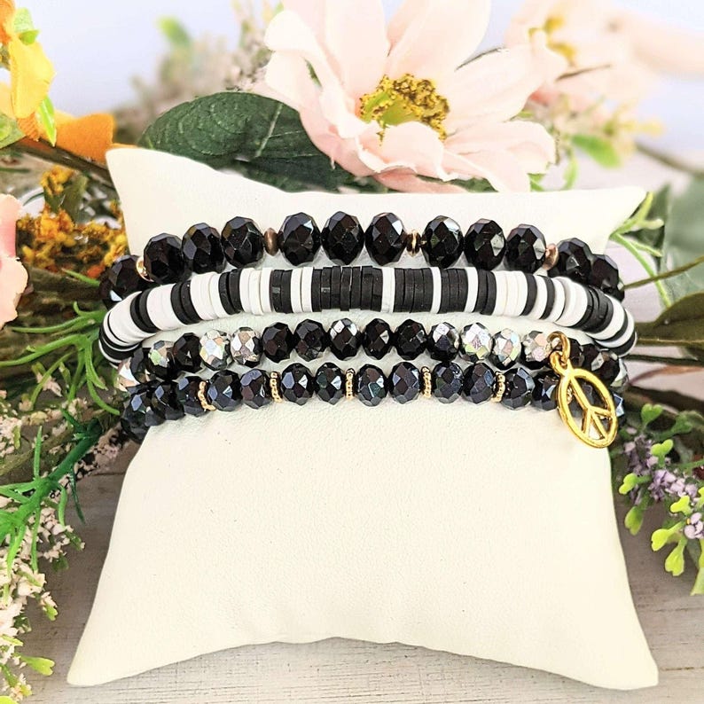 Black Crystal Peace Sign Stretch Bracelet Stack - - LadybugfeetDesigns -