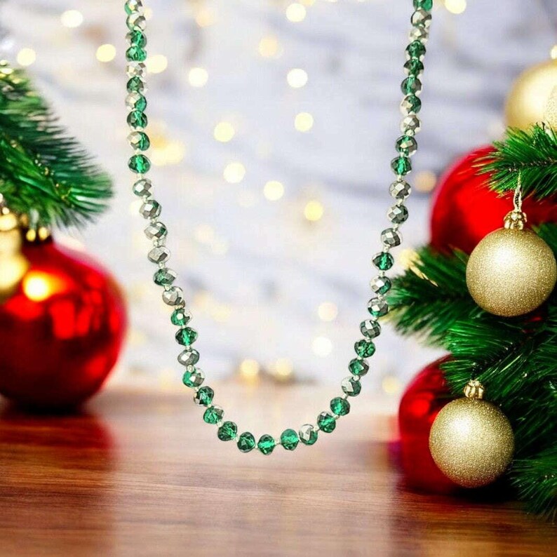Festive Silver Green Crystal Knotted Necklace -36 inch - - LadybugfeetDesigns -