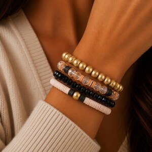 Tan & Black Stretch Bracelet Stack - - LadybugfeetDesigns -