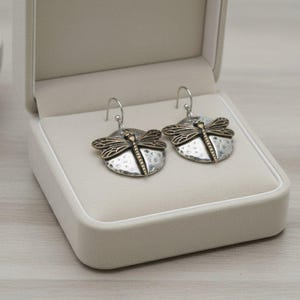 Dragonfly Hammered Disc Dangle Earrings, Two-Toned - - LadybugfeetDesigns -