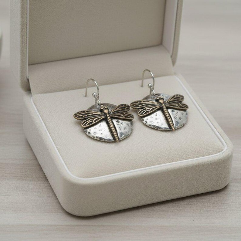 Dragonfly Hammered Disc Dangle Earrings, Two-Toned - - LadybugfeetDesigns -