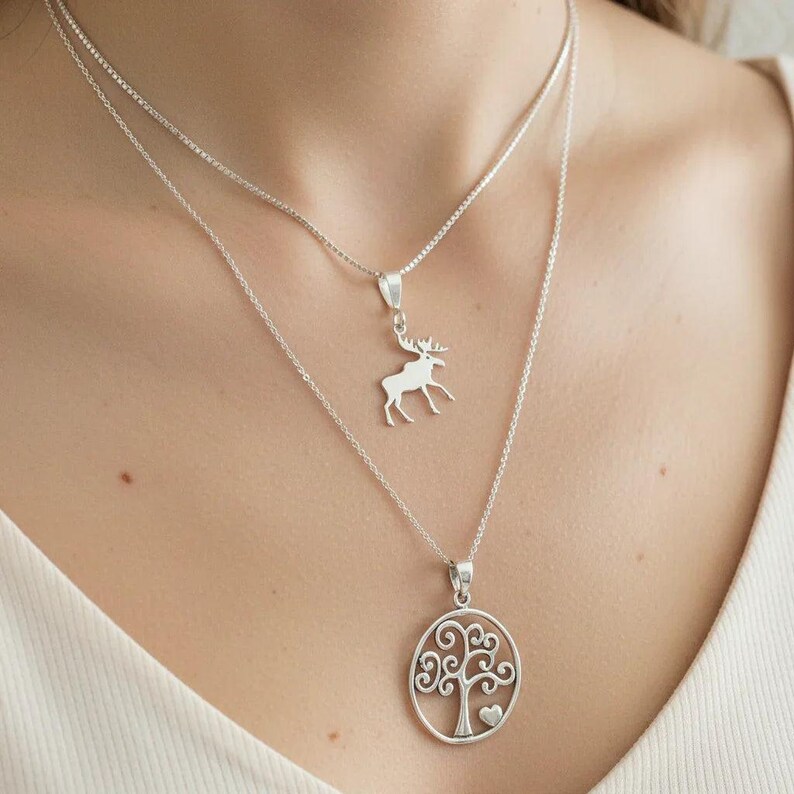 Moose & Tree of Life Necklace Set, Silver - - LadybugfeetDesigns -