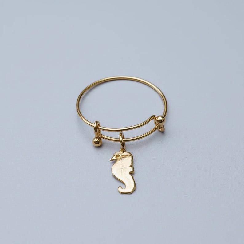 Tiny Seahorse Dangle Adjustable Charm Ring- Gold - - LadybugfeetDesigns -