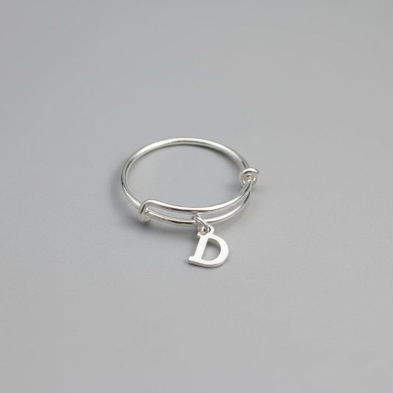 Sterling Silver Initial Charm Ring/Gift for her/Sterling Silver Mini Bangle - - LadybugfeetDesigns -