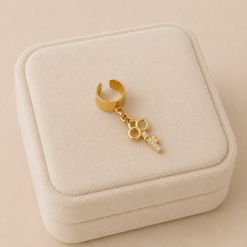 CZ Key Ear Cuff, Gold - - LadybugfeetDesigns -