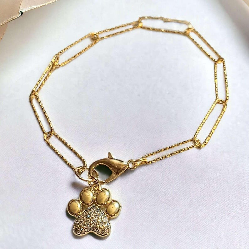 Gold Dog/Cat Paw Paperclip Chain Bracelet - - LadybugfeetDesigns -
