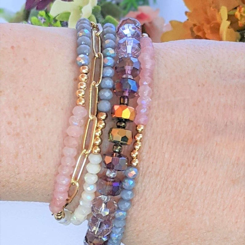 Pink Champagne Crystal Beaded Endless wrap bracelet - - LadybugfeetDesigns -