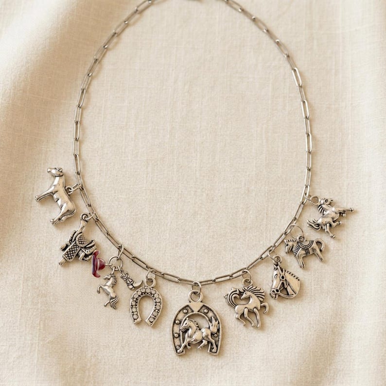 Horse Lover Multi Charm Link Necklace, Silver - 20 inch - - LadybugfeetDesigns -