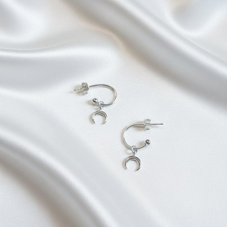 Downward Crescent MoOn Mini Hoop Huggie Earrings, Silver- 12mm - - LadybugfeetDesigns -