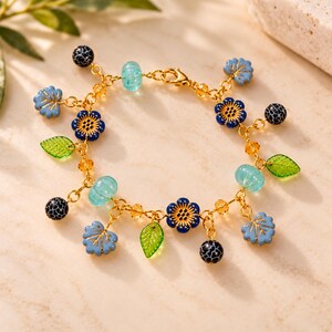 Botanical Blue Crystal Bead Bracelet, Gold - - LadybugfeetDesigns -