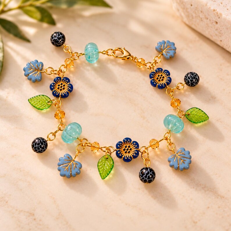 Botanical Blue Crystal Bead Bracelet, Gold - - LadybugfeetDesigns -