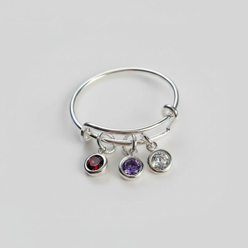 Mother's Birthstone Charm Ring, Adjustable .925 Sterling Silver - - LadybugfeetDesigns -