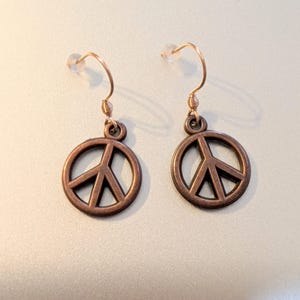 Peace SIgn dangle earrings, Copper/Rose Gold - - LadybugfeetDesigns -