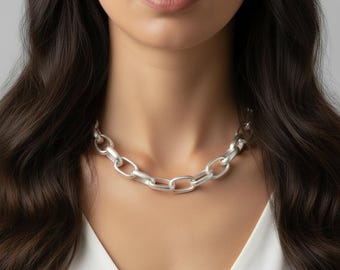 Electroplated Oval Link Necklace, Matte Silver - 18.5 inch