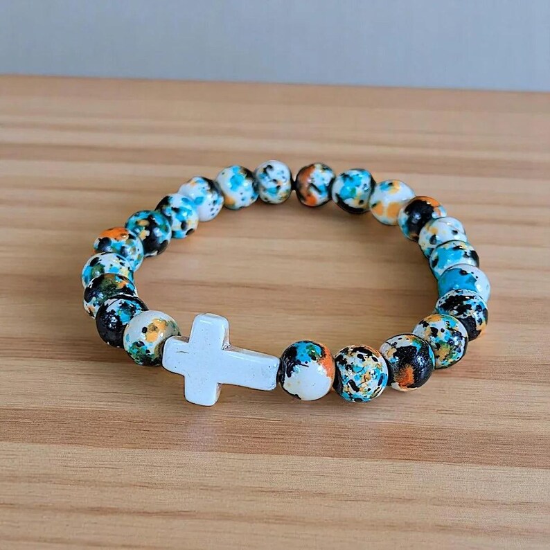 Black Orange Blue Beaded Cross Stretch bracelet - - LadybugfeetDesigns -