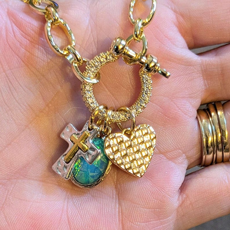 Two Tone Cross, Faux Opal and Heart Shackle Clasp Carabiner Necklace, Gold - Adjusts up to 20 inches - - LadybugfeetDesigns -