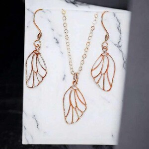 Butterfly/Fairy Wing Rose Gold necklace/earrings set, 18 inch - - LadybugfeetDesigns -