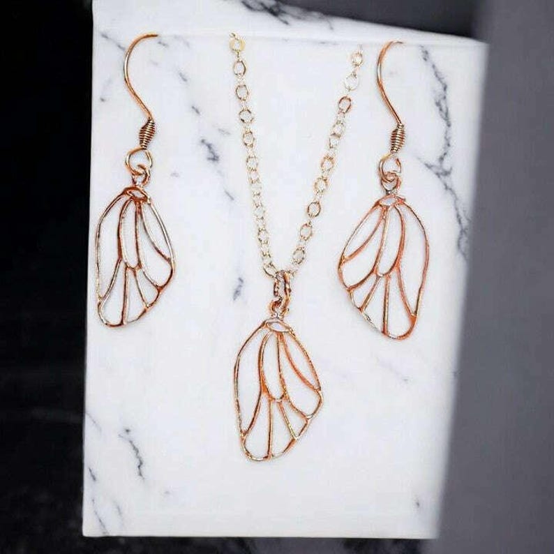 Butterfly/Fairy Wing Rose Gold necklace/earrings set, 18 inch - - LadybugfeetDesigns -