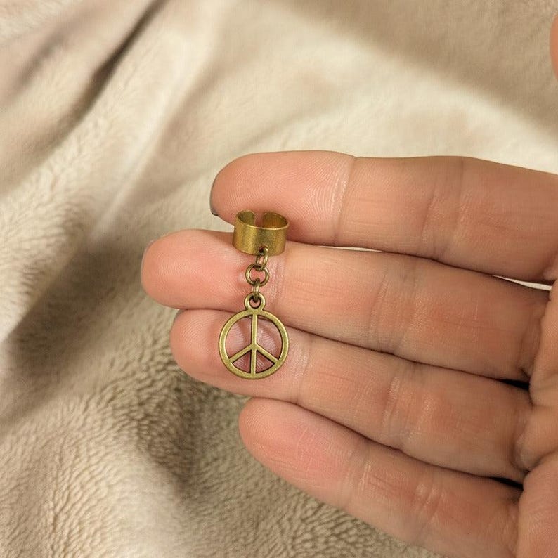 Peace Sign Ear Cuff, Antique Bronze - - LadybugfeetDesigns -