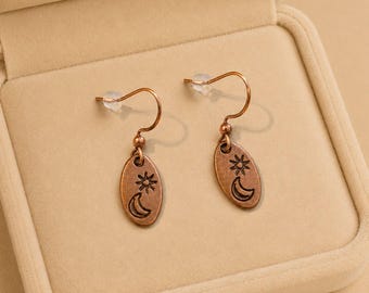 Crescent Moon Star dangle earrings, Copper/Rose Gold