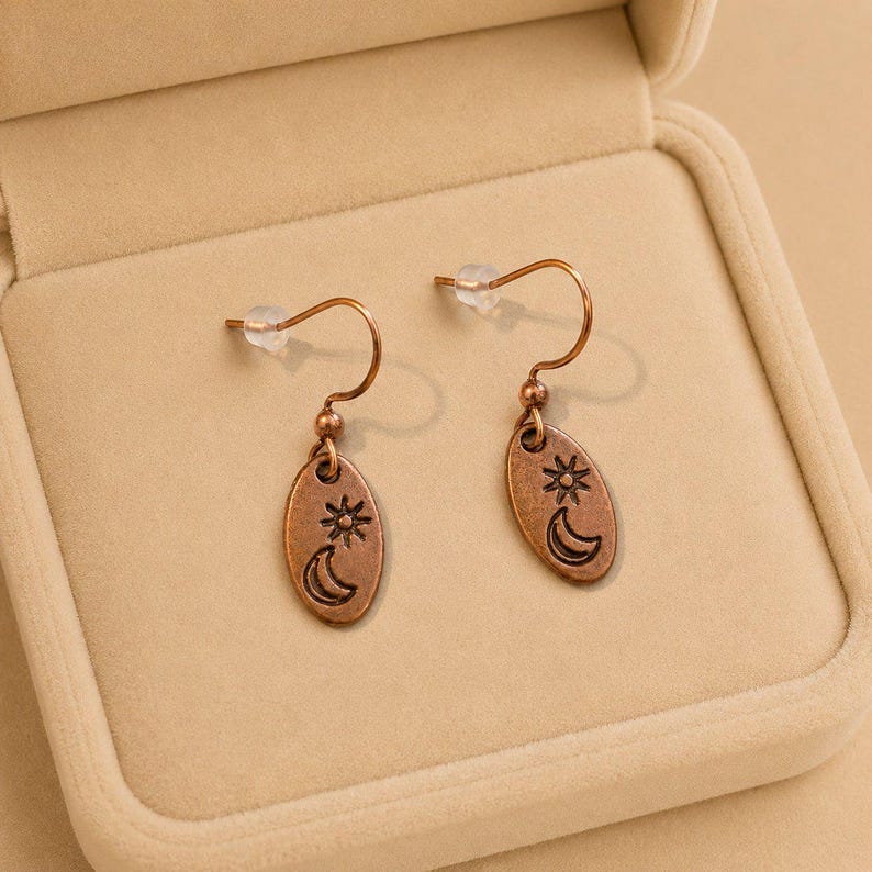 Crescent Moon Star dangle earrings, Copper/Rose Gold - - LadybugfeetDesigns -