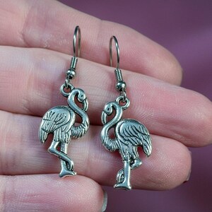 Silver Flamingo hook earrings - - LadybugfeetDesigns -
