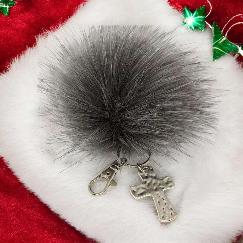 Hammered Cross Keychain/ Faux Fur Pom Pom and charm Key Chain-Purse Charm/Journal Charm - - LadybugfeetDesigns -