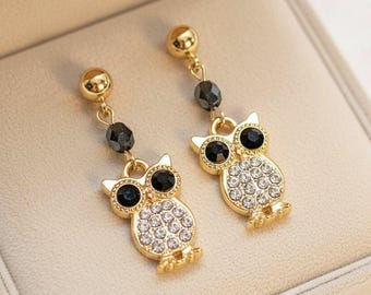 CZ Owl Charm Drop Stud Earrings-Gold