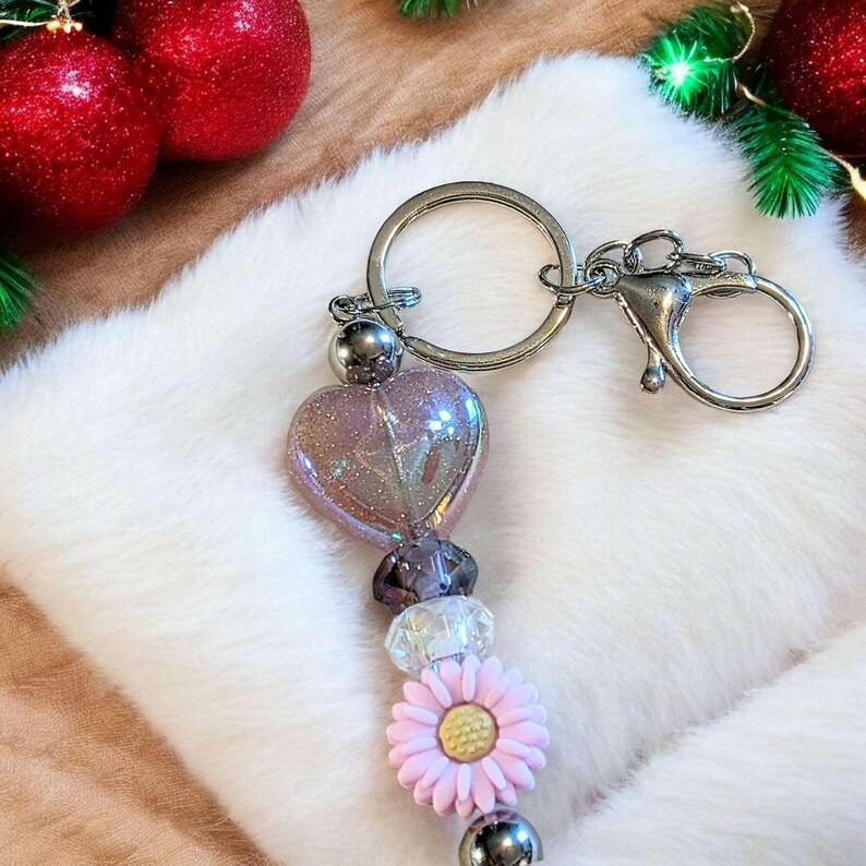 Heart & Flower Crystal Keychain/Purse Clip - - LadybugfeetDesigns -