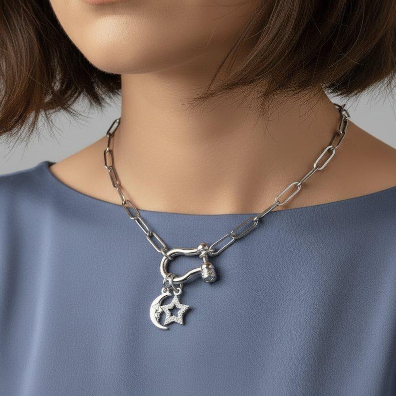 Celestial Moon CZ Star Shackle Clasp Carabiner Necklace, Silver - 20 inch - - LadybugfeetDesigns -