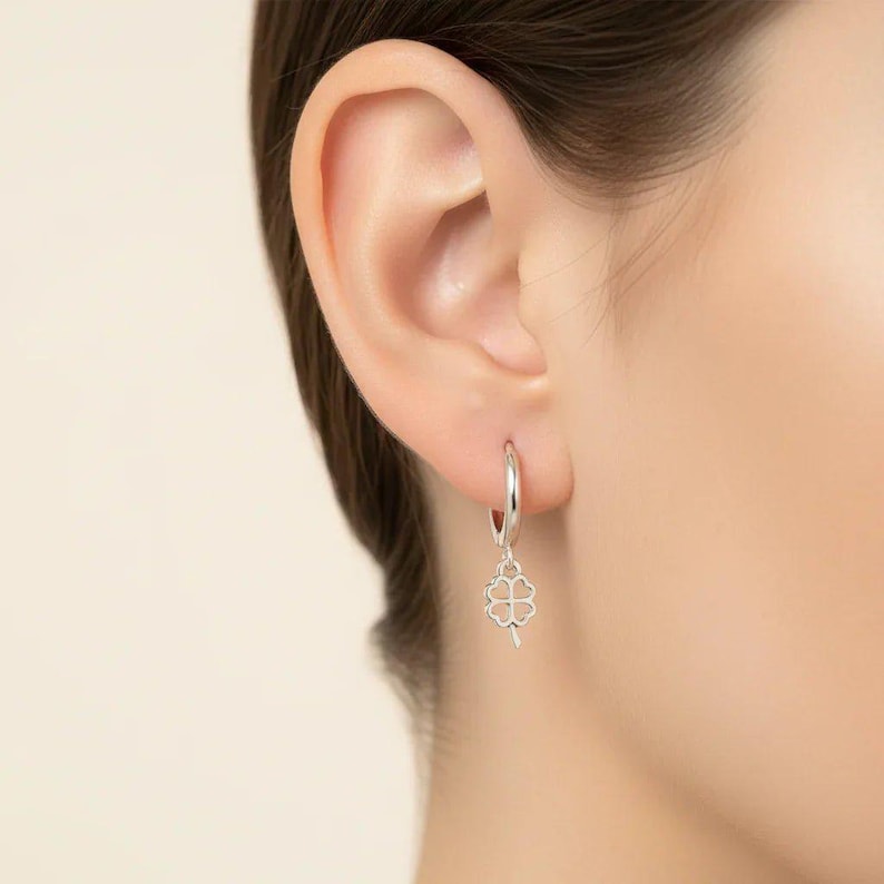 Silver 4 Leaf Clover Huggie Hoop earrings, 15mm Hoop Drop - - LadybugfeetDesigns -