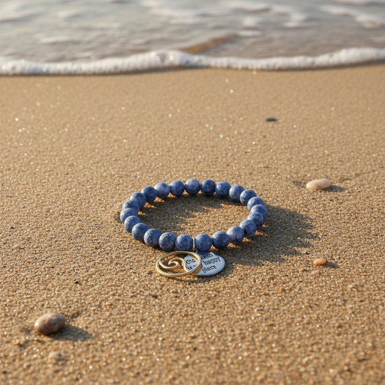 The Beach is my Happy Place Beaded Stretch Bracelet - - LadybugfeetDesigns -