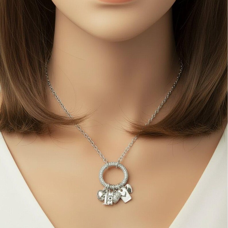 1 Mom Silver CZ Snap Ring Necklace, .925 Sterling Silver - 20 inch - - LadybugfeetDesigns -