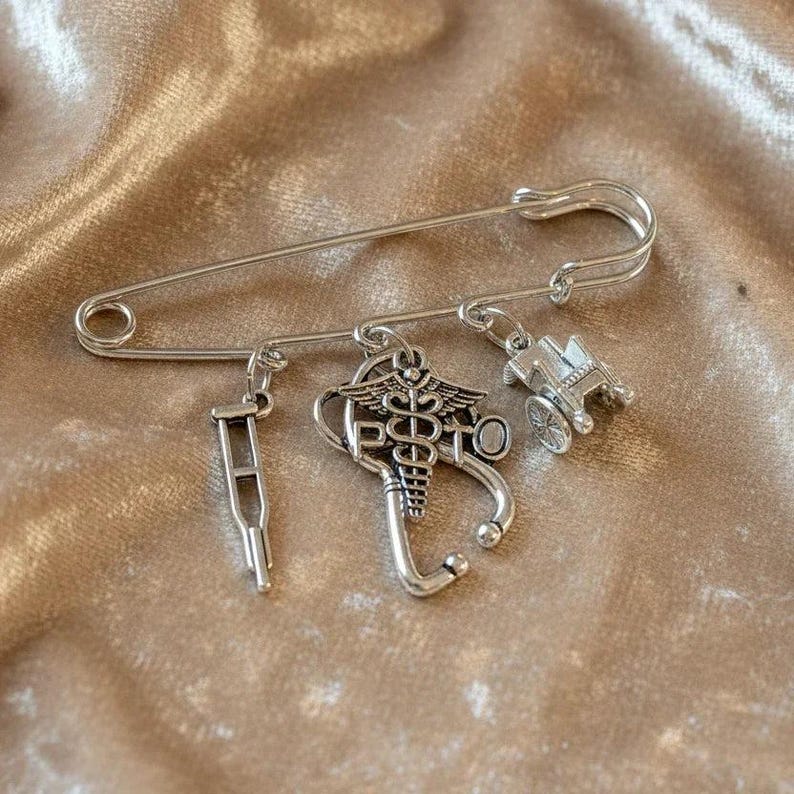 PT - Physical Therapist Safety Pin Brooch, Purse Charm - - LadybugfeetDesigns -