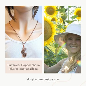 Sunflower Copper Charm Keeper Necklace, 18-24 inch - - LadybugfeetDesigns -